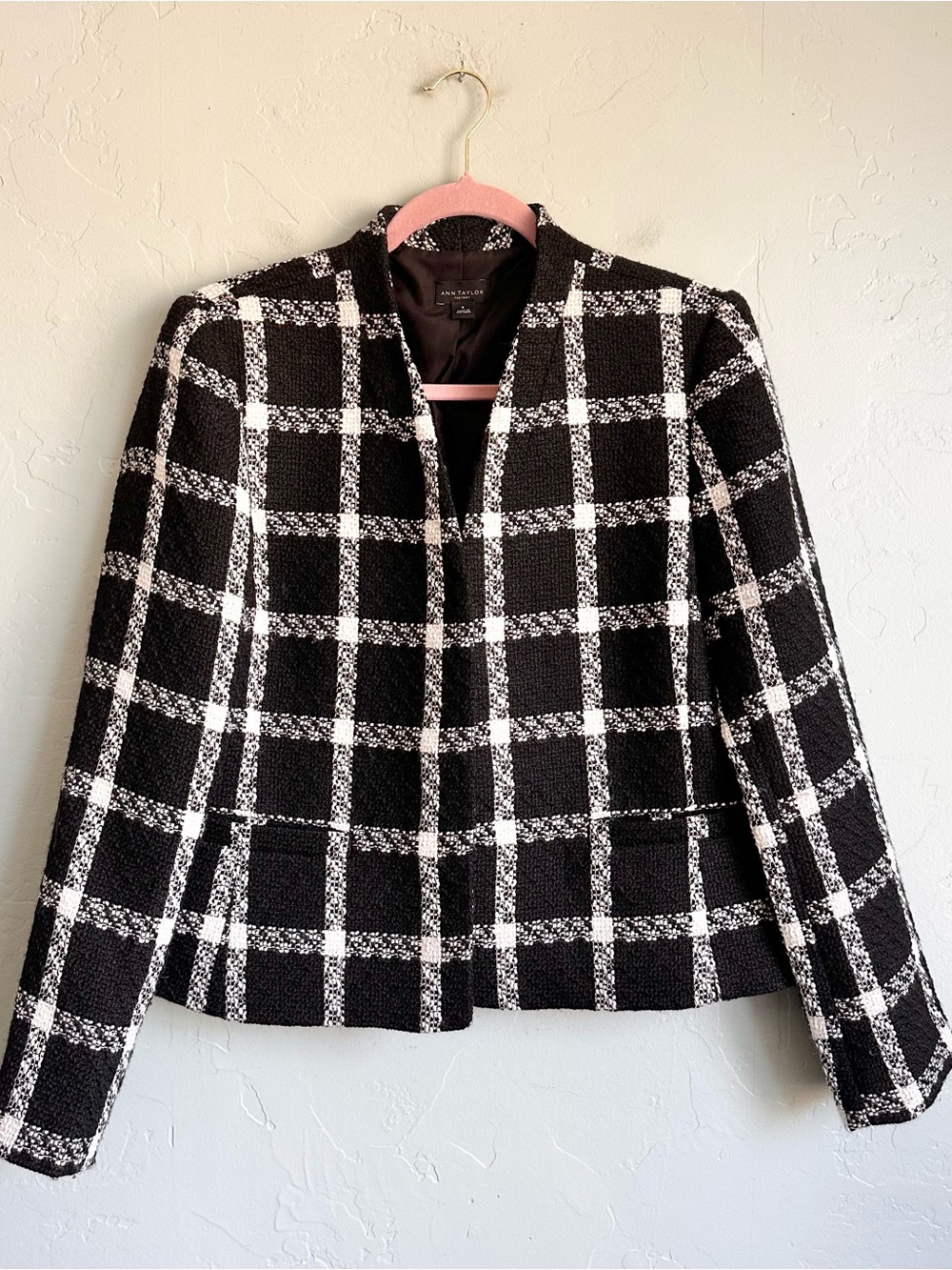 Ann Taylor Women’s Black White Windowpane Tweed Open Front Blazer Size 8 EUC